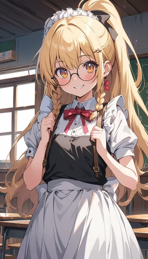 (Blonde hair），Golden pupil，（Double braids），Aho，Round glasses，Girl,8k，Correct human body，Detailed eye painting，illustration，Highest quality，Exquisite，Detailed face，Masterpiece，Flat chest，Slim，young，，High-end，Hand Painted，Official Fanart, Visual novel, Anime...