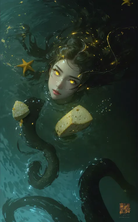 Best quality, masterpiece, high resolution, 1 girl, night, water, cheese, In water, yellow glowing eyes