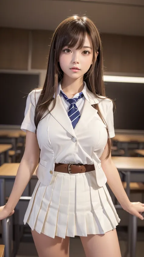 Product quality,1 girl,(Shooting from below:1.4),(Thigh Emphasis:1.4),Young and pretty girl in Japan,Daytime, (High school classroom:1.2),(Short sleeve shirt:1.3),(Schoolgirl uniform:1.3),(blazer:1.3), (Ultra mini pleated skirt in white:1.5),(Skirt Lift,No...