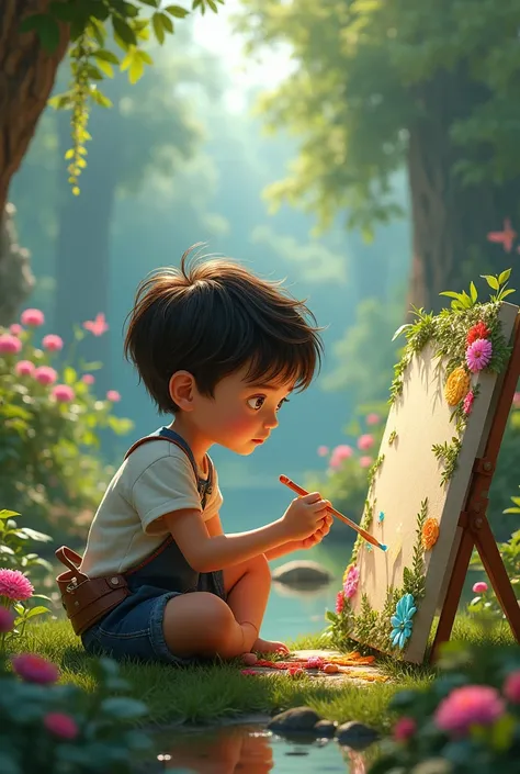 Boy sitting in garden making creative art
