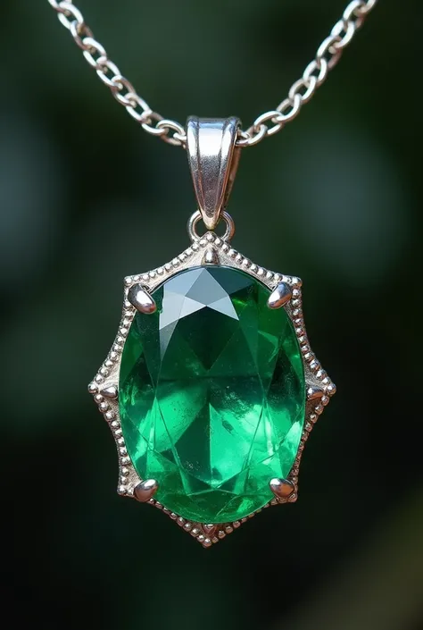 A pendant with a polished and shiny emerald stone. The stone is mounted on a high quality sterling silver chain, with a sophisticated design that enhances beauty. Ideal for those who appreciate elegance and the meaning of good energy and protection associa...