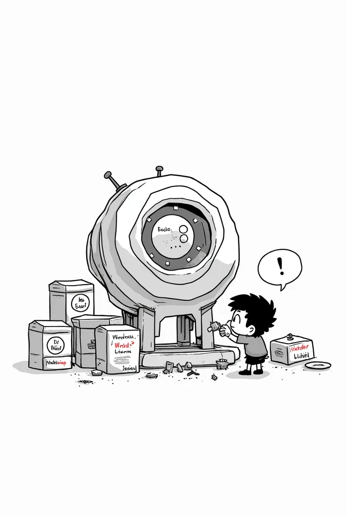 A character in front of a large block of pieces (or a complex object). then, Take it apart and store the smaller pieces in separate boxes, creating a sense of organization and clarity. With this description make an image, in black and white cartoon format