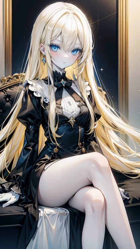 Doll girl, sparkling blonde, long hair, blue eyes, white skin, expressionless, black dress, sitting on a sofa with good posture, Western-style house