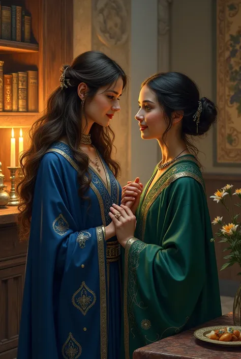 clearing! Here is a visual description of the two joints:

### **Elara e selene**

**Elara e selene estão em um ambiente acolhedor, with soft light emanating from candles and magic lanterns all around. The setting is a hall richly decorated with bookshelve...