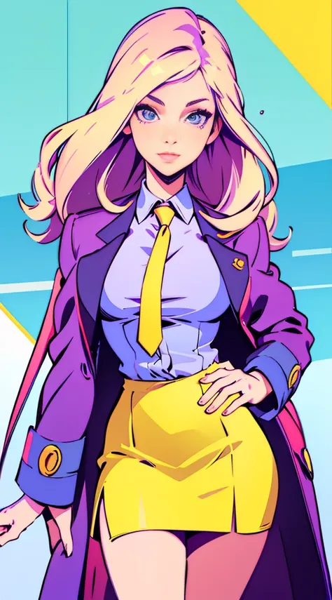 Photorealistic, high resolution, 1 Women, Hips up，Beautiful eyes, Hair with a purple gradient, ringed eyes, Collared shirt,a yellow tie,Purple skirt, pencil skirts, Fur coat