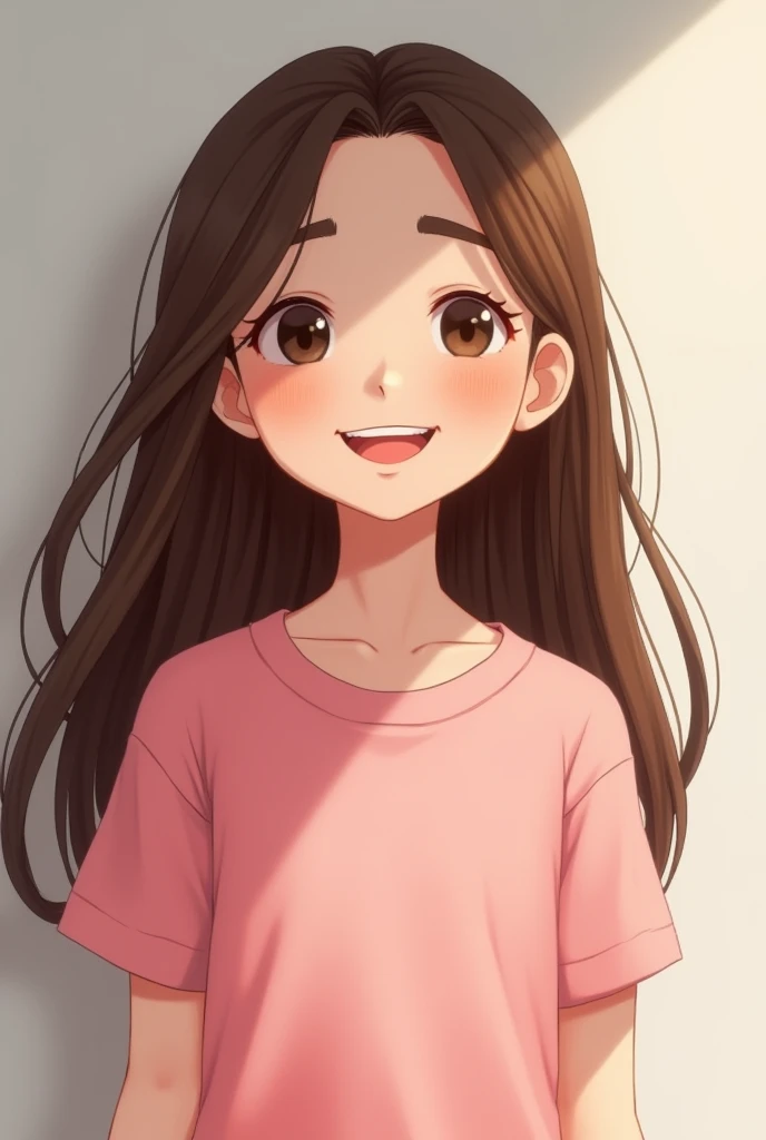 1 girl white skin soft long brown hair, smiling,with a pink short shirt 