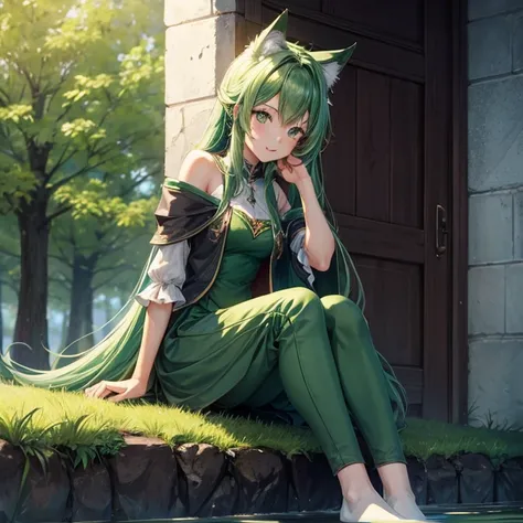 Sitting green fox girl,4K  