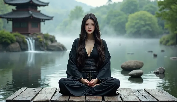 Beautiful Japanese long haired woman, wearing detailed black samurai armor with chest open. big breast size 4. sitting meditating on a wooden platform facing camera. A calm body of water with several stones scattered across it. A small waterfall cascades i...