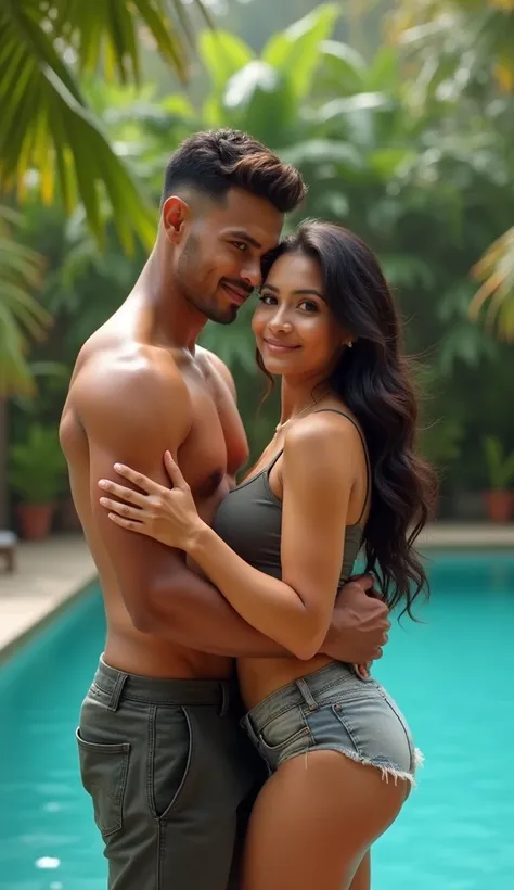 A indonesiam man bare chest, wearing short, hug with a indonesian woman plump, wearing thanktop, shorts, looking to camera,  pool bakground