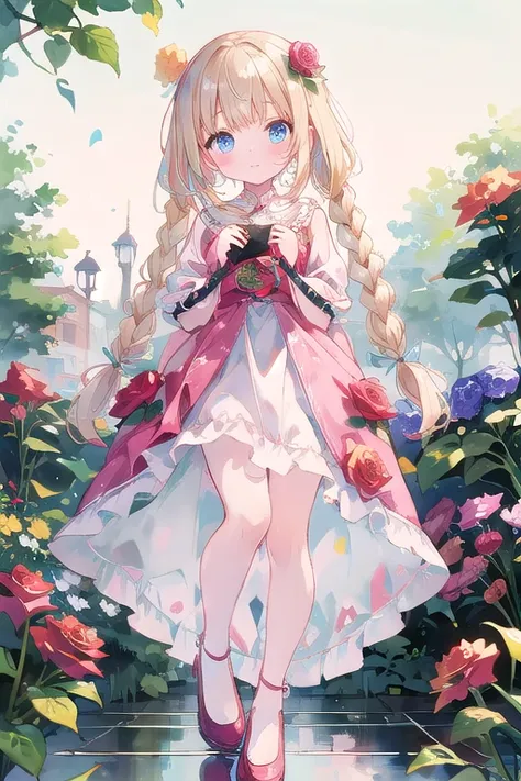 masterpiece, highest quality, High resolution, blue eyes、 blonde, Braided hair、pink dress 、Long skirt, roses garden , bare sholders