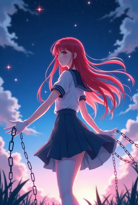 Night sky，Red long hair anime girl，White short-sleeved school uniform，White pleated skirt，White gloves，white pantyhose，waving chains