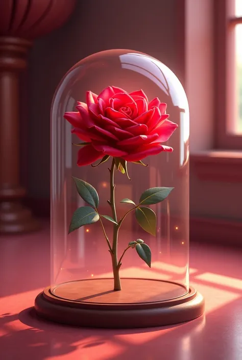 Create red rose inside glass dome with disney 3d dreamy style with clean edges