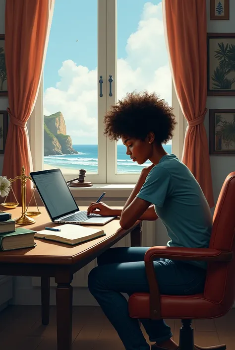 Drawing image of a black student,curly hair, of coasts ,sitting at the desk ,using a laptop ,notebook open on the table and pen in hand ,with items that symbolize the branch of law ,decorating the environment 
