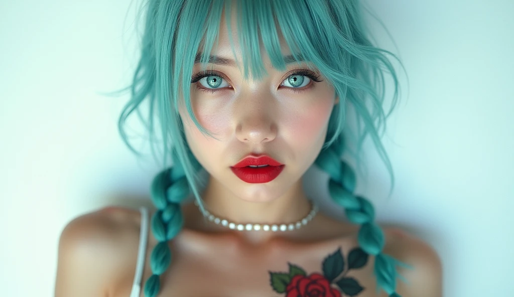 (beautiful), (detailed), cinematic 4k, young woman, dyed light blue hair, 
topless, (camera positioned above breasts) bare shoulders, very close up,
braided hair, gorgeous face, emerald color eyes, rose tattoo, 
white background, red lipstick