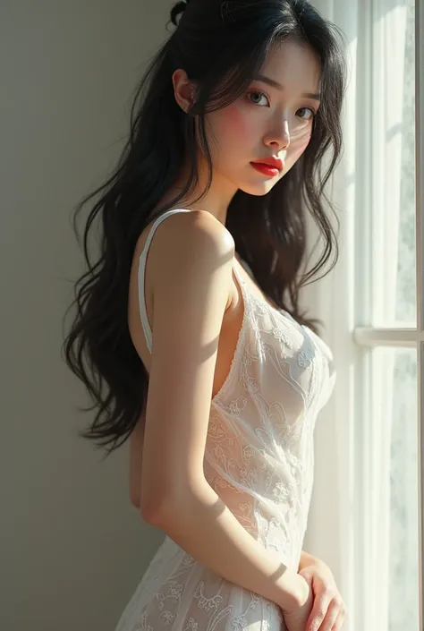 A white as snow rosy cheeks long straight black hair her lips red as a rose her brown and innocent eyes.
Your beautiful body with big breasts and a big ass 
