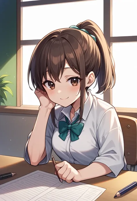 "Shizuka Sato, a female high school student with ISTJ traits, is sitting at her desk, looking over a new plan she’s creating with a gentle, satisfied smile. She has straight dark brown hair tied in a simple ponytail and deep brown eyes, her expression calm...