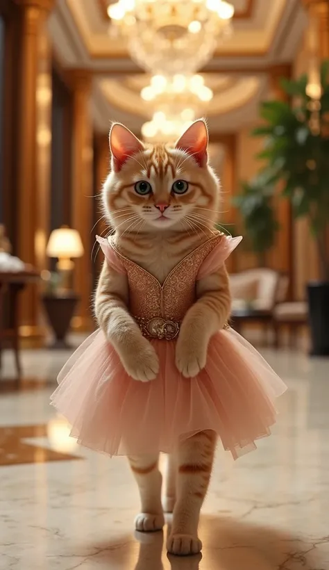 A cute little cat wearing a sexy dress appeared in the lobby of a luxurious hotel