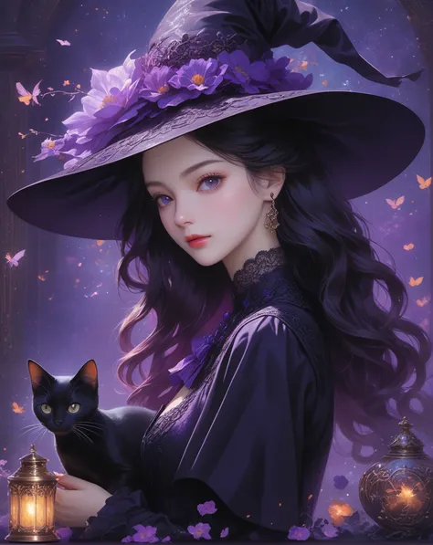 ((best quality)), ((work of art)), (detailed), 1 woman, old, witch, beautiful, chapéu de witch, black dress, purple details, purple magic, black cat