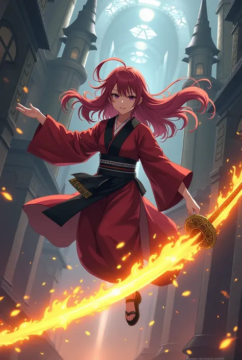 A female anime character, she has long and silky red hair, she is wearing a red, black, and white kimono, she has a demon mark on her forehead, she has a Katana that is emitting yellow Stars and yellow fire, she is falling into the infinity castle and her ...