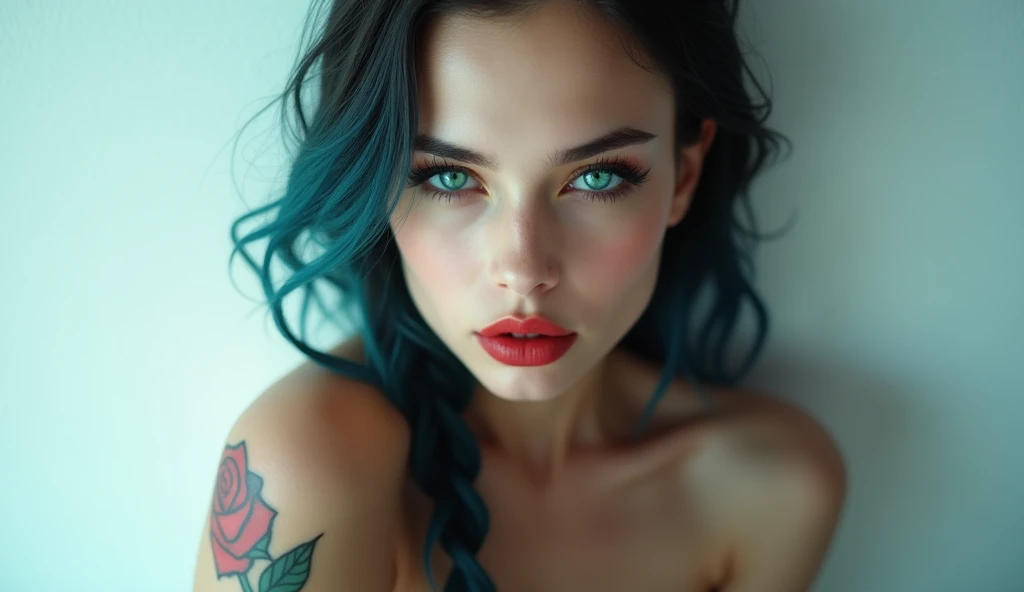 (beautiful), (detailed), cinematic 4k, young woman, 
black hair with streaks of blue hair dye, white background, red lipstick,
topless, (camera positioned above breasts) bare shoulders, very close up,
braided hair, gorgeous face, emerald color eyes, rose t...