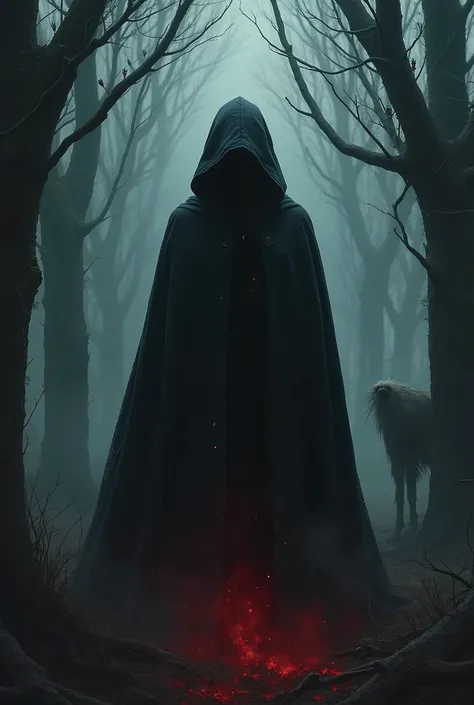 book cover, a woman from behind with a black cape and hood, in a dark and gloomy forest, there are some hidden monsters, the woman emanates a red aura