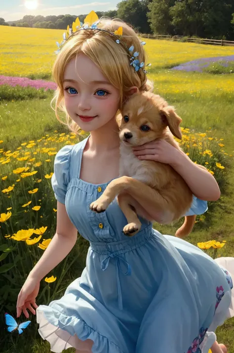 A cinematic 8K picture of a whimsical scene with an adorable toddler girl and her puppy, running through a field of vivid wildflowers, with a butterfly and natural sun-kissed lighting. She has blonde hair, bright blue eyes, and is wearing a crown of flower...