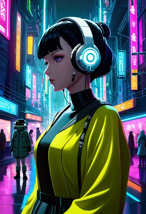 a woman with headphones next to a robot, cyberpunk art, robotic city, retrofuturism, ilya kuvshinov, sci-fi, futurist, vibrant, ...