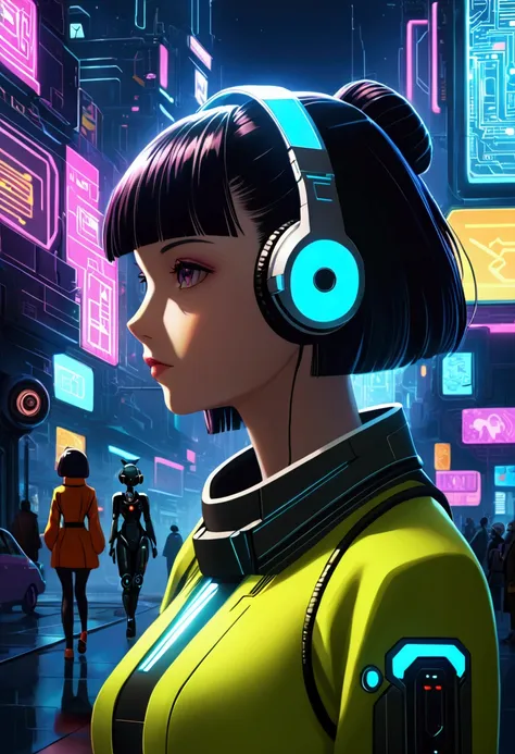 a woman with headphones next to a robot, cyberpunk art, robotic city, retrofuturism, ilya kuvshinov, sci-fi, futurist, vibrant, ...