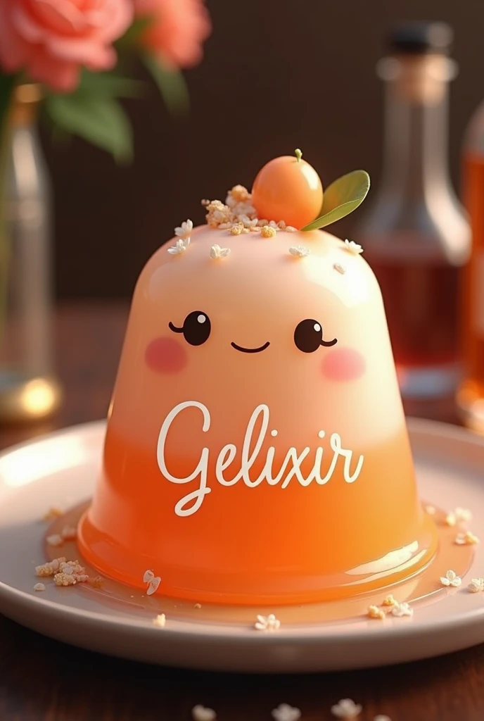 Realistic cute face jelly with liquor bottles, with the word gelixir 