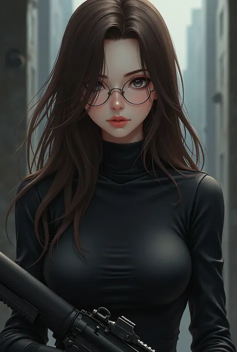 Create a hot dark female character with round silver colored glasses for charming war game, with a rifle in her hand, like a realistic anime that leaves everyone attracted and scared at the same time, evil and hot, with brown hair down to her waist, pretty...