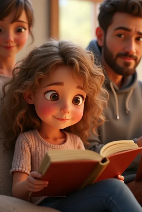 A 8 years  girl with curly golden small haires read the  book in the house with her mother and father and brother,hd, Pixar quality, animated 3d....