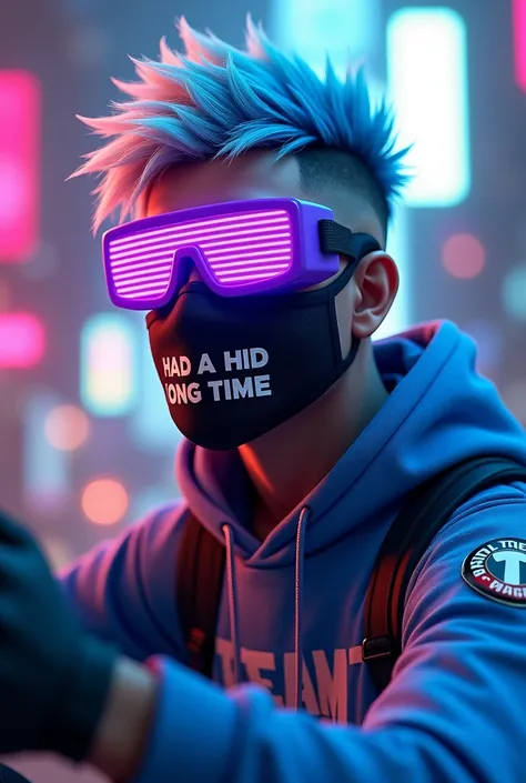 Free Fire game style male character with purple 3D Reality glasses with blue and white hair and blue team shirt with black mask written "HAD A LONG TIME"