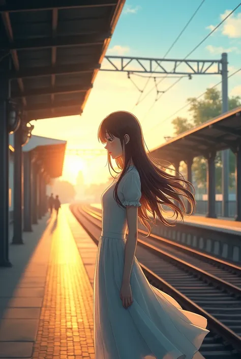 **Award-Winning Concept anime girl with long hair walking on a train platform, kantai collection style, railgun, konpeki no kantai, kantai collection arcade, kancolle, makoto shinkai style, anime visual of a cute girl, Makoto shinkai art style, beautiful a...