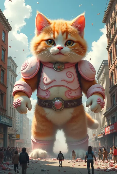 angry cute giant kitten destroying society with marshmallow armor