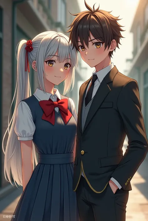 A girl  silver hair in school dreas and a boy brownhair in modern school dress standing among a bit old