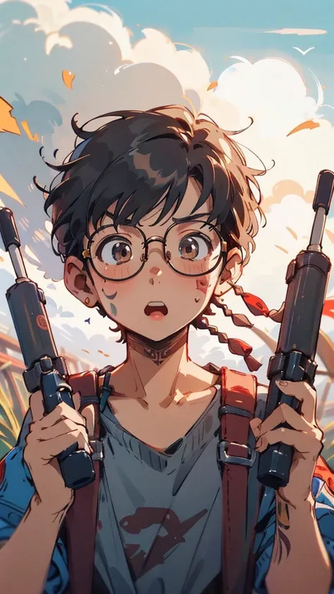 (high quality), (masterpiece), (detailed), 8K, Sharp anime-style moment captures (surprised bespectacled youngster1.3) gripping two (UZIs1.2) with (confused expression1.3), oversized sunglasses slipping slightly down nose. (Tall grasses1.2) sway in backgro...