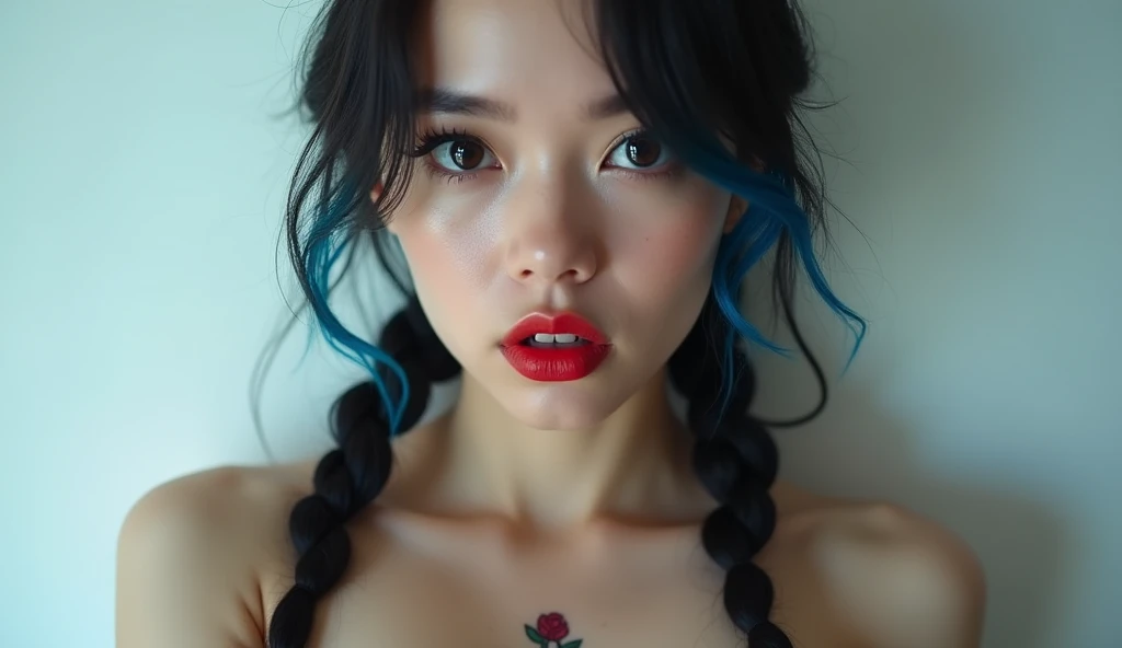 (beautiful), (detailed), cinematic 4k, young woman, cinematic lighting 4k,
black hair with streaks of blue hair dye, white background, red lipstick,
topless, (camera positioned above breasts) bare shoulders, very close up,
braided hair, gorgeous face, rose...