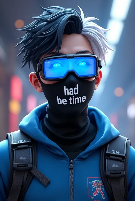 Free Fire game style male character with blue 3D Reality glasses with black and white hair and blue team shirt with black mask written "HAD A LONG TIME"