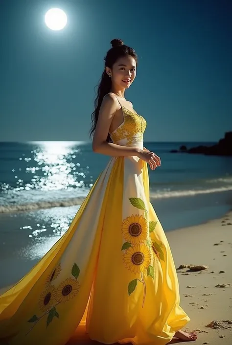 Beautiful Thai woman, sharp face, beautiful smile, long hair tied in a bun, looking at the camera, wearing a long yellow and white dress, the long tail of the dress also has golden sunflowers with green stems and leaf patterns, embossed in fantasy colors. ...