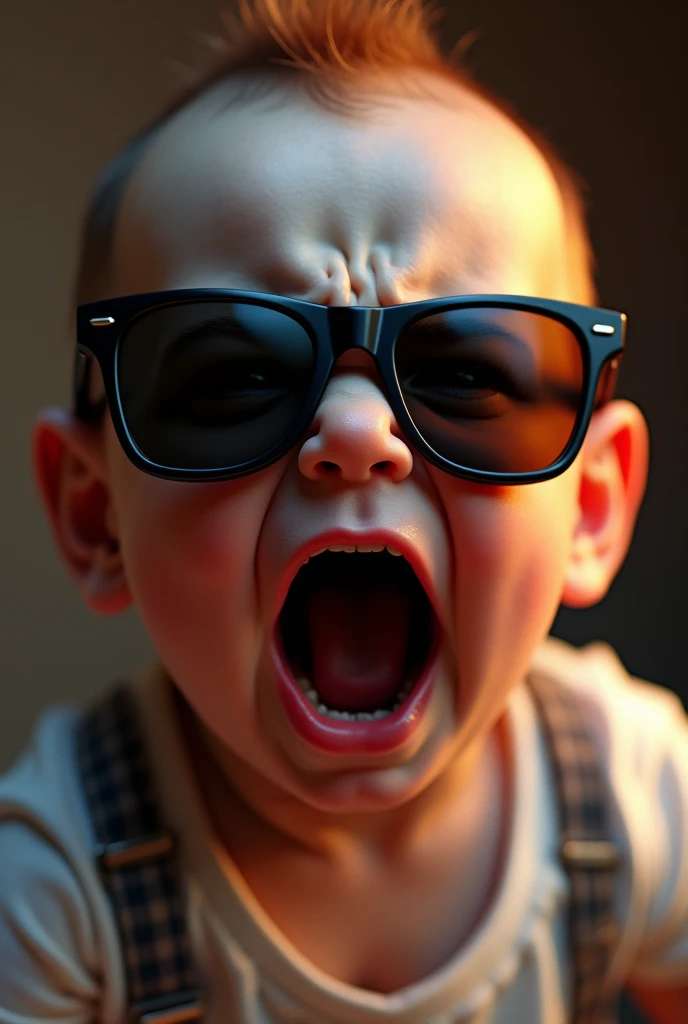 a baby wearing sunglasses, angry expression, screaming, close-up, (best quality,4k,8k,highres,masterpiece:1.2),ultra-detailed,(realistic,photorealistic,photo-realistic:1.37),cinematic lighting,dramatic shadows,vibrant colors,exaggerated features,surreal,di...