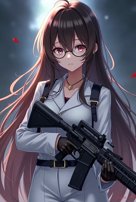 Create a hot dark female character with round silver colored glasses for charming war game, with a rifle in her hand, realistic anime style, that leaves everyone attracted and scared at the same time, evil and hot, with brown hair down to her waist, pretty...