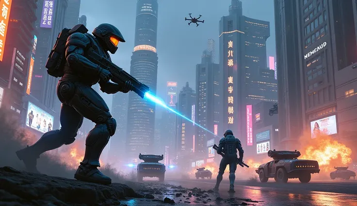 Depict a high-tech futuristic cityscape during a chaotic battle. Towering skyscrapers made of sleek metal and glass dominate the skyline, glowing with neon lights and holographic billboards. In the foreground, armored soldiers engage in intense combat, wie...