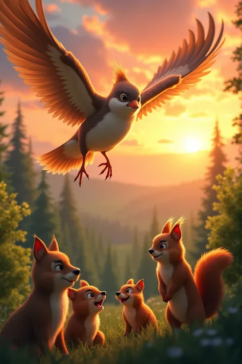 The bird, now healed, flaps its wings and flies above the forest, smiling down at squarrel and the other animals. The animals cheer, knowing that their kindness made a difference, with a beautiful sunset in the background.