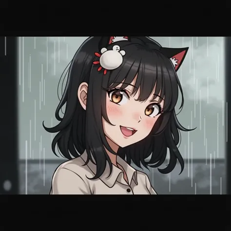 1girl, medium length black hair, asian girl, white skin, cat ears on head, wearing a shirt and skirt, smiling, red lipstick, smile, looking at viewer, cloudy background, raining, brown eyes