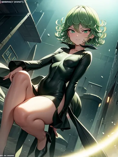 Masterpiece, Best Quality, Ultra Detailed, Illustration, Epic Lighting, Cinematic Composition, 1 Girl, Tatsumaki, Short Hair, Green Hair, Very Small Breasts, Green Eyes, Glowing Eyes, smiling, blushing embaraced face, Closed Mouth, Piercing Gaze, Full Body