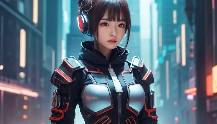 Masterpiece,High image quality,8k,Perfect Face,Perfect body。Futuristic costume、A healthy, flushed android female, 20 years old。Future city skyscrapers。A realistic Hollywood movie live-action drama。