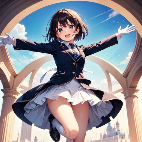 (Best Quality),One girl,smile、Open your mouth、Short black hair、Small breasts、blazer、Normal necktie、Checkered mini skirt、White gloves、White knee socks with lines、Small ribbon、Stand with arms raised、Palace and clear sky