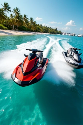 Generate a vibrant and action-packed image of luxury jet skis speeding across crystal-clear, tropical blue waters. The scene takes place in a sunny coastal setting with white sand beaches and luxury yachts in the background. The jet skis are sleek and mode...