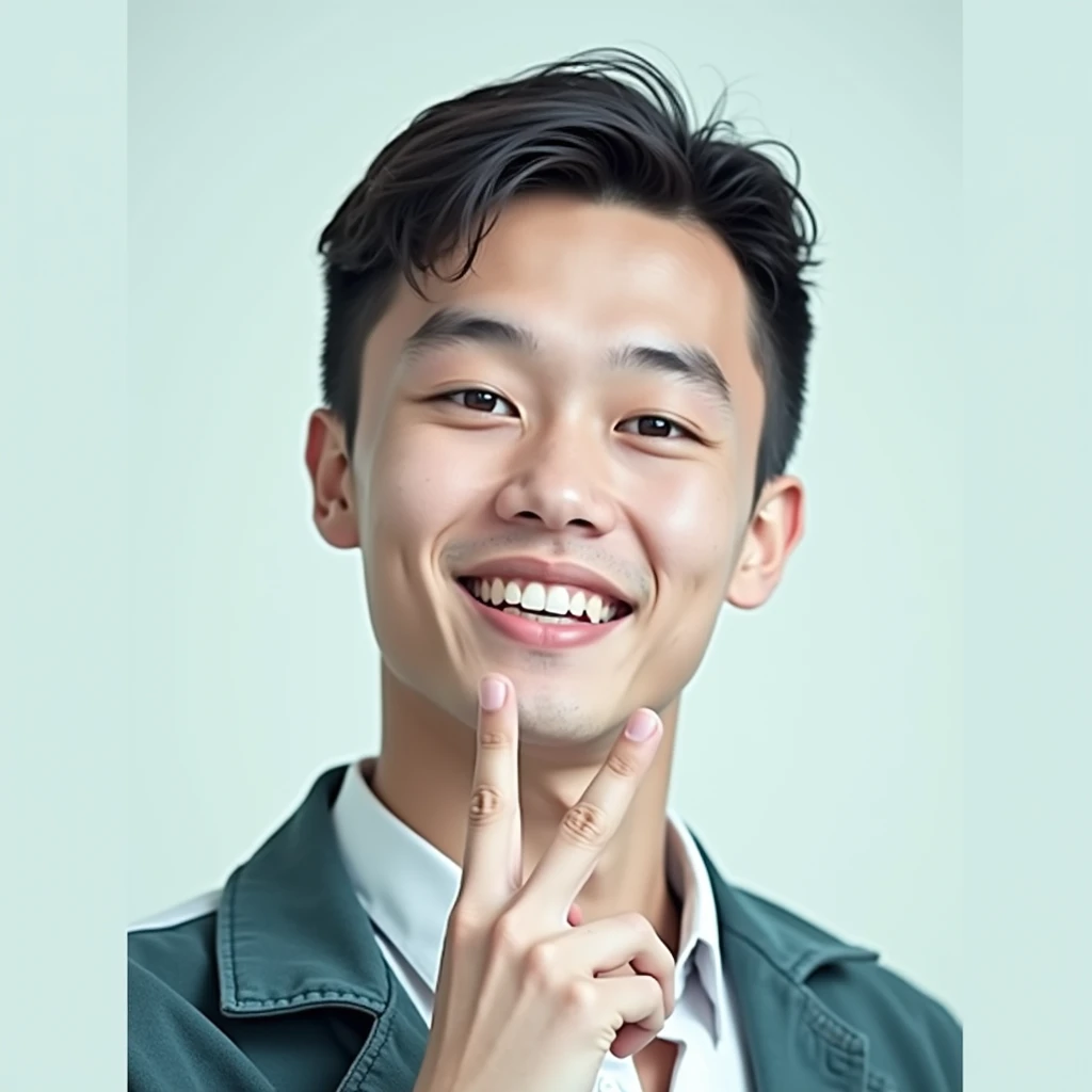 portrait photography of a young man wearing (preppy clothes),  smiling,  peace sign,  looking forward,  head tilted,  (hero view:1.3),  ,  hard lighting,  richard avedon