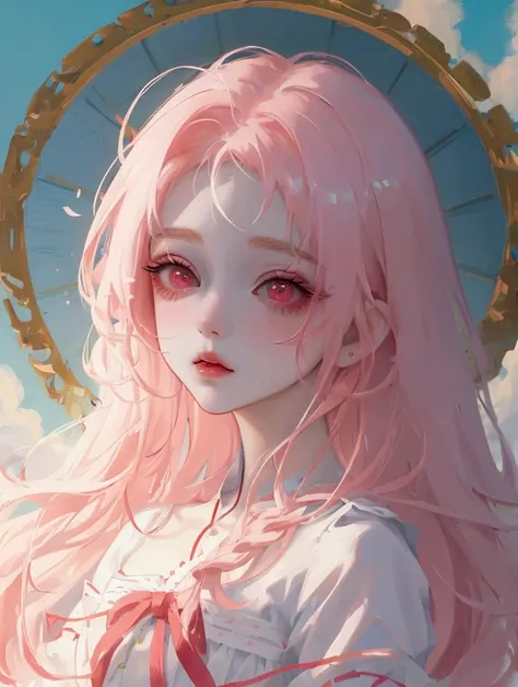 (high quality) (best quality) (a woman) (correct physiognomy) (perfect students) (perfect eyes) anime woman, albino young girl with red eyes, long red hair with water texture, white eyelashes and eyebrows, Lolita style dress. Big round eyes, reddish fluffy...